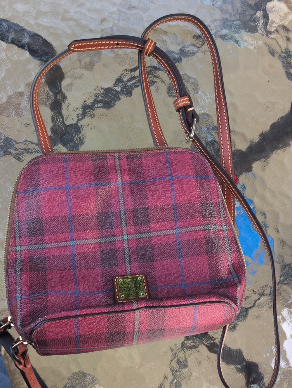 Dooney & Bourke Pink Plaid Crossbody with Brown Leather Trim